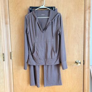 Quince Flowknit Hoodie and Wide Leg Pants Set Womens Small Heather Sable Brown